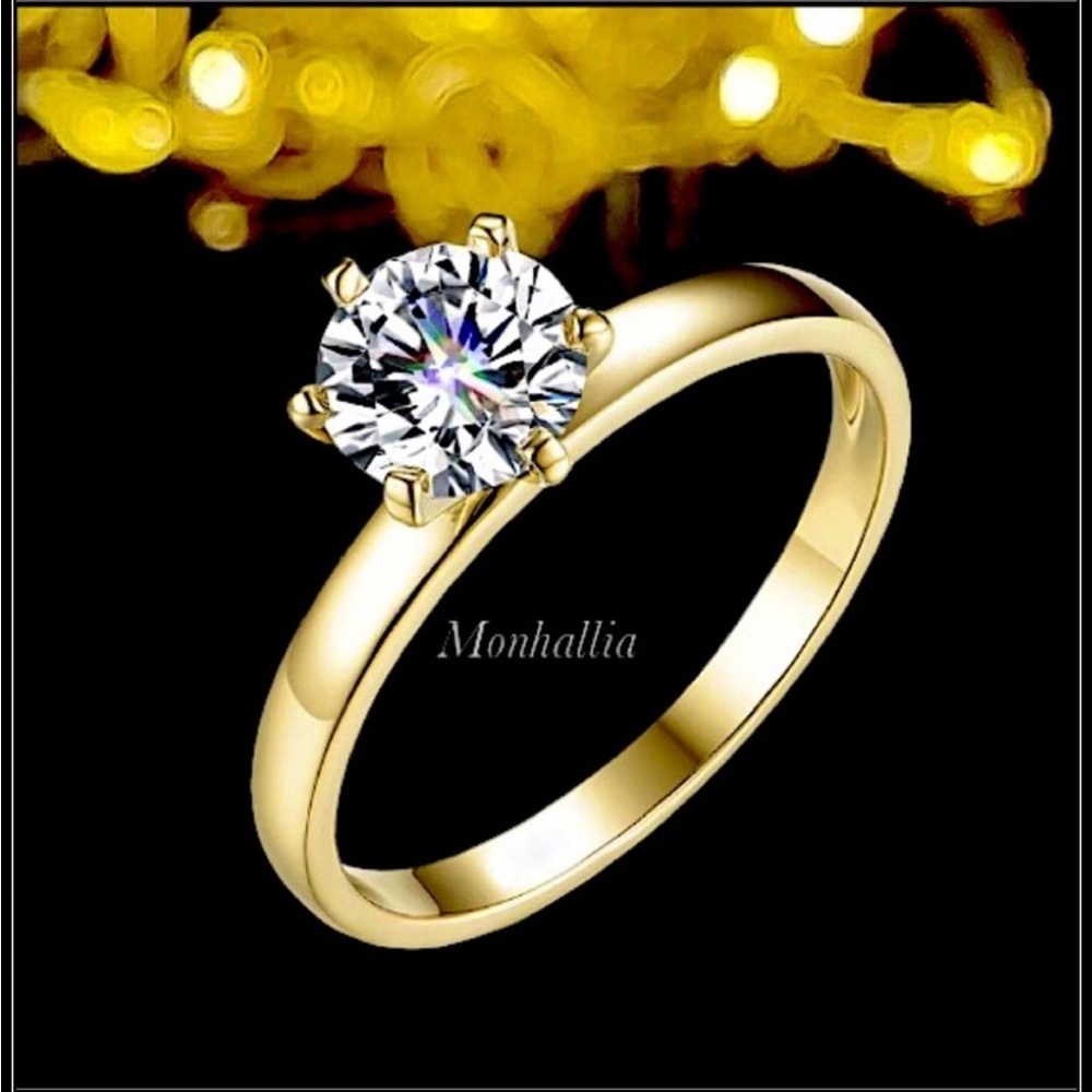New gold simple simulated round solitaire diamond engagement wedding ring
